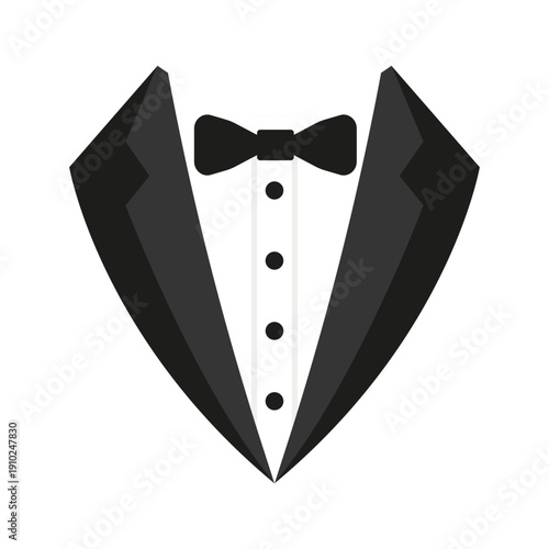 Tuxedo icon with bow tie. Elegant formal wear illustration for wedding, gala, and celebration. Vector geometric suit symbol