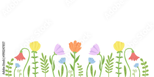 Hand drawn floral border with colorful spring wildflowers and green leaves. Cute summer meadow blossoms in flat doodle style for greeting cards, wedding invitations and nursery design.