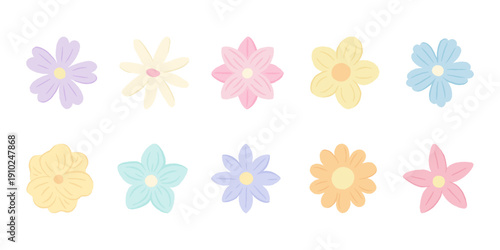Hand drawn pastel flower collection with 10 isolated floral elements. Cute botanical vector set in flat doodle style for wedding invitations, nursery decor and spring greeting cards.