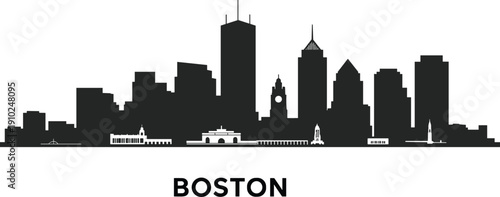Boston city skyline silhouette vector illustration featuring famous landmarks and modern skyscrapers isolated on white background for travel, tourism, and urban design concept