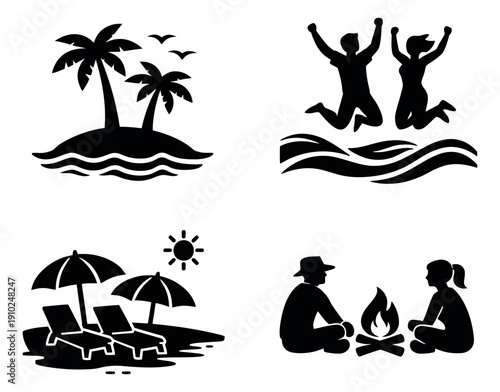 Silhouette vacation icon set featuring tropical island, beach umbrellas, jumping people, and campfire scenes for summer leisure activities