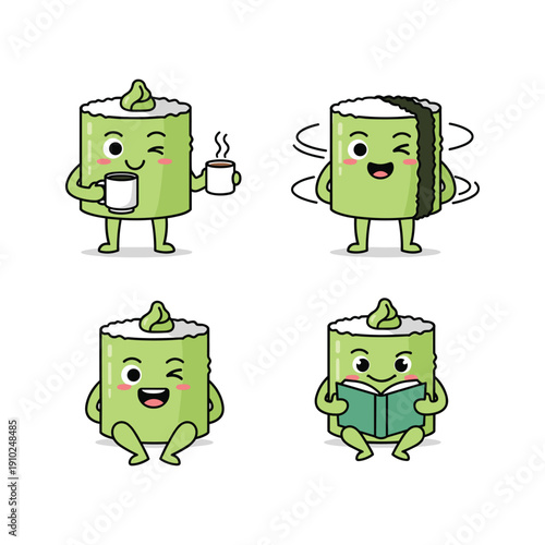 Cartoon sushi characters having coffee, reading and relaxing in a minimalist style
