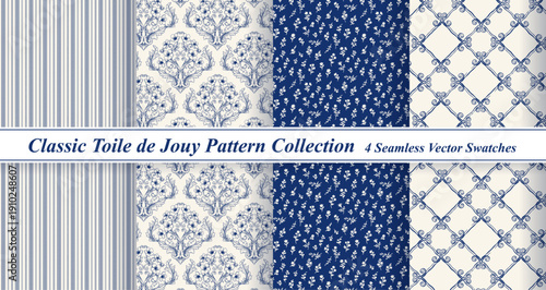 Classic Blue Toile de Jouy & Delftware Pattern Set - Summer Porcelain Backgrounds
