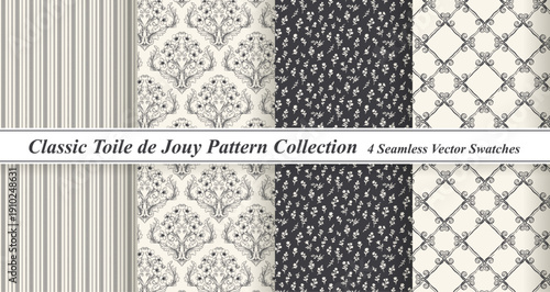 Gray Toile de Jouy Pattern Set - Chic Monochrome Etching & Modern Farmhouse Backgrounds
