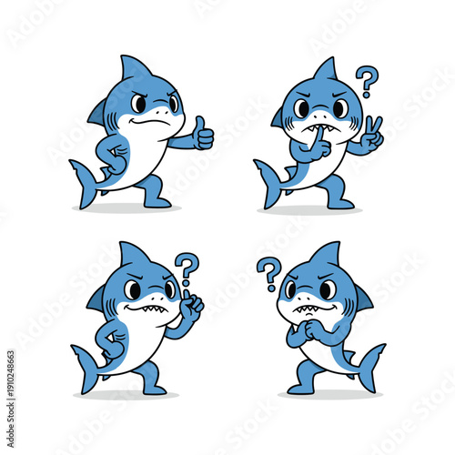 Cartoon shark with different facial expressions and gestures, isolated on white background