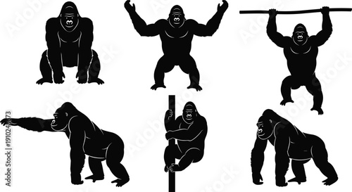 Black Gorilla Silhouette Vector Set Featuring Silverback Primate Poses Including Climbing Hanging Walking and Standing Profiles Isolated on White Background for Jungle Wildlife Graphic Design
