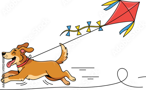 Happy Cartoon Dog Running Joyfully While Flying a Red Diamond Kite for Summer Outdoor Activities, Pet Playfulness, and Freedom Graphic Design Concepts