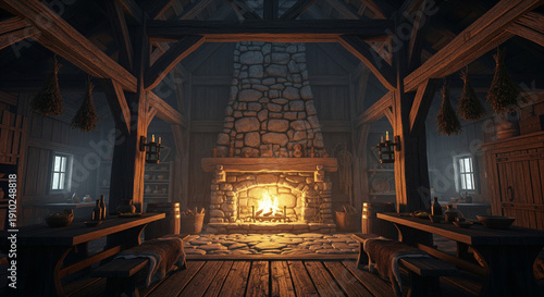 Interior of a medieval tavern with warm fireplace and rustic wooden tables with mugs