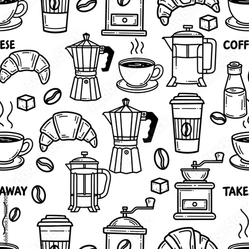 A seamless pattern of coffee-related items including cups, grinders, and beans, illustrating a coffee culture environment from a top-down viewpoint.