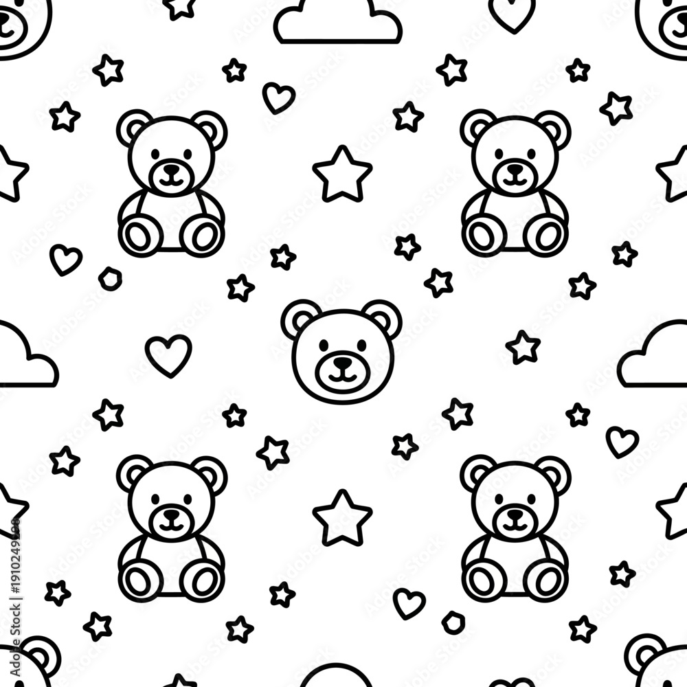 Fototapeta premium Adorable teddy bears surrounded by stars and hearts in a seamless pattern on a clean white background illustration