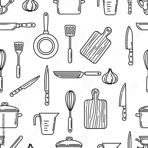 Assorted kitchen utensils and tools arranged in a seamless pattern on a white background