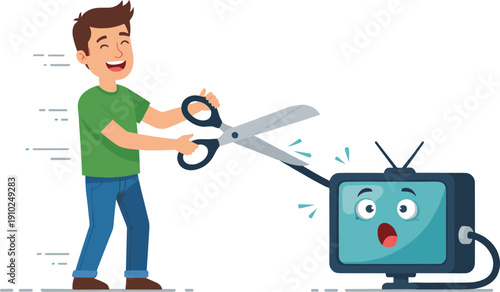 Happy Young Man Cutting Television Cable with Scissors for Cord Cutting, Media Freedom, Subscription Cancellation, and Digital Minimalism Lifestyle Vector Illustration