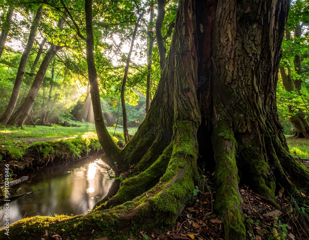Fototapeta premium Sunlit forest scene with a large tree and stream