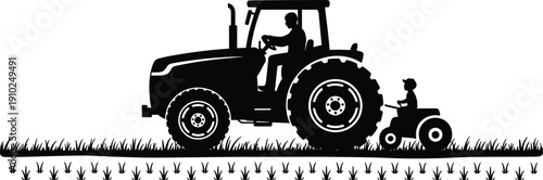 Farmer driving tractor with child on toy tractor silhouette vector illustration in agricultural field isolated on white background for farming and rural lifestyle concept