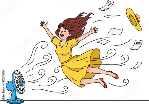 Happy Young Woman in Yellow Dress Cooling Down in Front of Electric Fan with Flying Papers and Hat for Summer Heat Relief Concept
