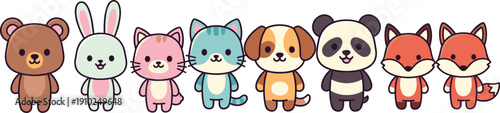 Kawaii Animal Character Set with Cute Bear Rabbit Cat Puppy Panda and Fox for Children Stickers Nursery Decor Baby Shower Invitations and Greeting Cards