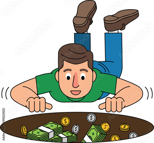 Man Finding Money in a Hole Concept Vector Illustration with Cash Bundles and Coins for Financial Success, Wealth Discovery, and Investment Concepts