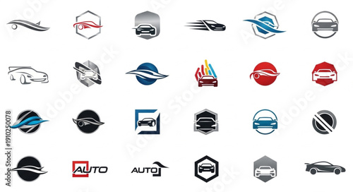 Collection of car logos and icons for automotive industry.