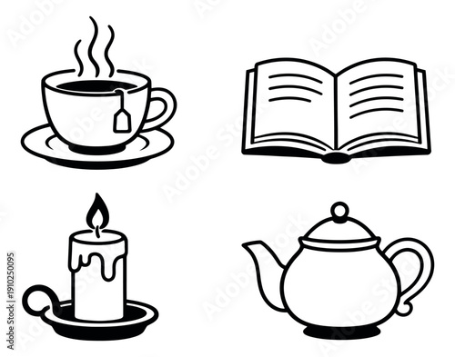 Hand drawn line art cozy elements set featuring a steaming cup of tea, an open book, a burning candle, and a teapot for relaxation