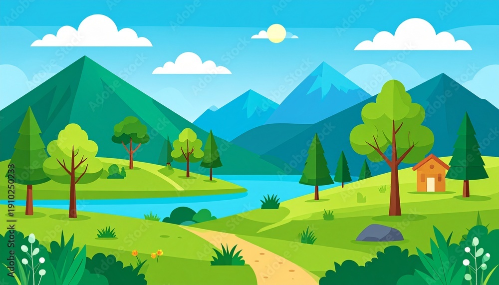 Fototapeta premium Scenic mountain landscape with lake, lush greenery, and cozy cottage under sunny sky