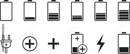 Black vector icon set of battery charging levels including full empty and partial status symbols with electric plug lightning bolt and energy indicators.