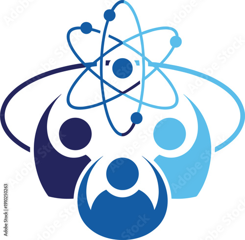 Blue abstract vector logo of people figures united under an atom symbol representing scientific community global collaboration research innovation and education for humanity.