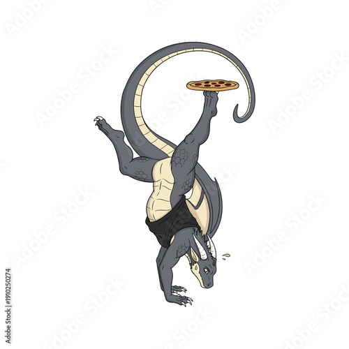 Cartoon lizard doing handstand with pizza on tail in fun playful style