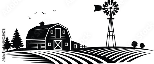 Rural farm landscape silhouette vector illustration with barn, windmill, and plowed fields isolated on white background for agriculture and countryside design concept
