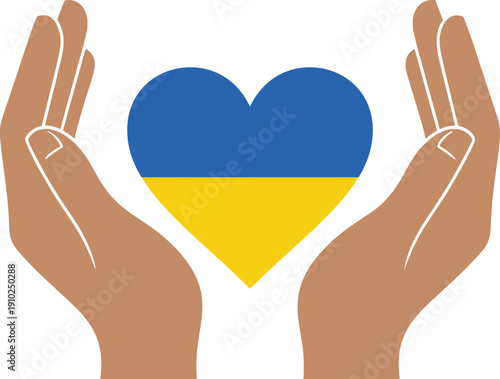 Blue and yellow heart in the colors of the Ukrainian flag held by two hands representing peace solidarity and humanitarian support for Ukraine.