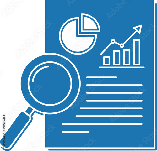Blue business report document vector icon with magnifying glass for data analysis financial auditing statistics and corporate performance research on white background.
