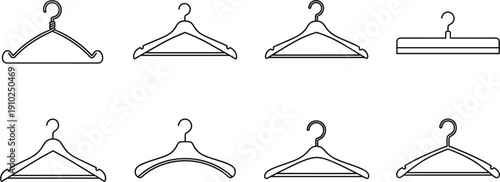 Collection of clothes hanger vector icons in outline style for fashion retail wardrobe organization laundry services and clothing store branding design elements.