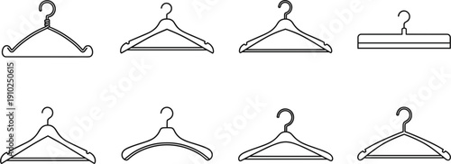 Collection of clothes hanger vector icons in outline style for fashion retail wardrobe organization laundry services and clothing store branding design elements.