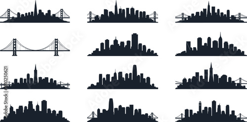 Modern City Skyline Silhouette Set with San Francisco Bridge and Skyscraper Icons for Urban Business Logos, Architectural Designs, and Digital Website Landing Pages