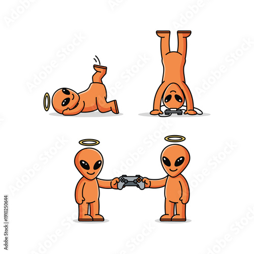 Cartoon aliens wrestling and doing handstands with halos in a humorous and playful style