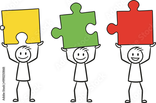 Group of stick figure people holding colorful puzzle pieces for teamwork collaboration problem solving business partnership unity and collective success vector illustration.