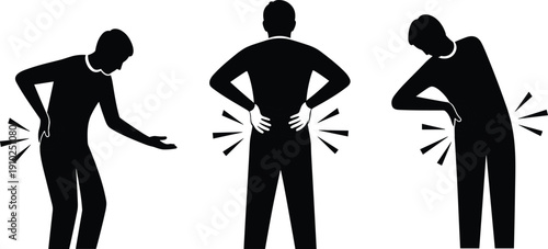 Black silhouette vector illustration of man suffering from back pain and spinal injury in three different poses isolated on a white background for healthcare
