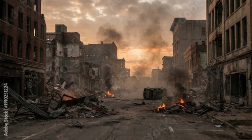 Empty city street with building ruins and dramatic explosion concept. Desolate city street with destruction and smoke at sunset.