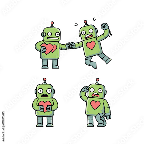 Cartoon robots showing love and affection in various emotional poses with copy space