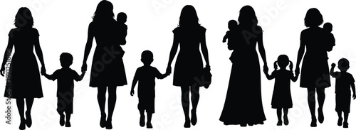 Black vector silhouette collection of diverse mothers walking and holding hands with their young children and infants representing motherhood and family lifestyle