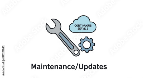 A vector graphic illustration of a wrench, gear, and cloud representing maintenance and updates