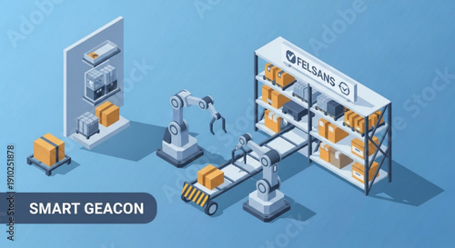 A vector graphic illustration of a smart factory with robotic arms and conveyor belts