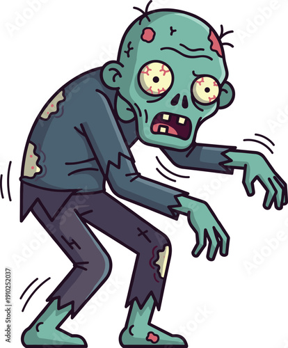 Scary Green Cartoon Zombie Character with Tattered Clothes and Pale Eyes Walking with a Mindless Stare for Halloween, Horror Gaming, and Undead Apocalypse Concepts