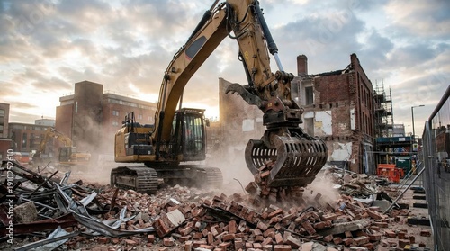Excavator bucket lifting bricks in demolition process concept. Excavator demolishes building debris under a dramatic sunset.