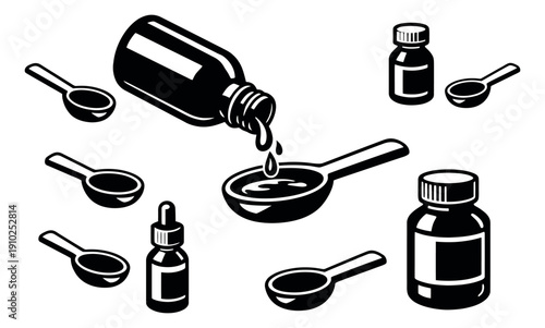 Line art medicine set featuring various bottles, a dropper, and spoons for medical dosage