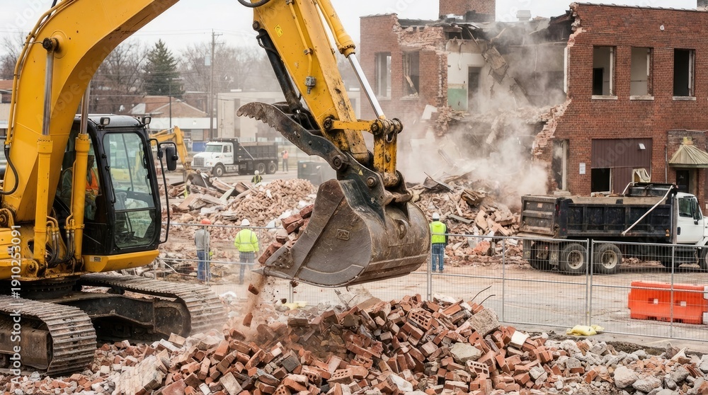 Fototapeta premium Excavator bucket lifting bricks in demolition process concept. Excavator demolishing a building, creating a construction site.