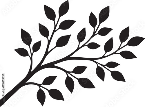 Stylized Black Tree Branch Silhouette with Leaves – Vector Illustration