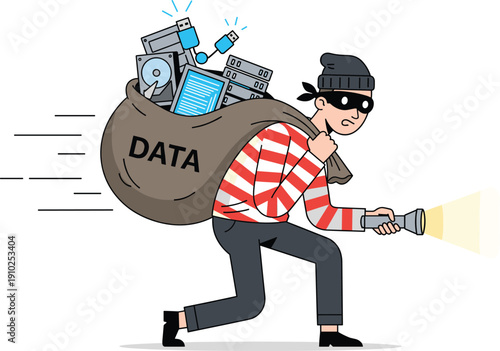Thief in Mask Carrying Large Bag of Stolen Digital Data and Computer Hardware with Flashlight for Cybersecurity, Information Theft, and Privacy Breach Concepts