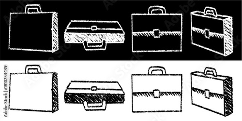 Set chalk briefcase drawing vector for career boards. Textured work bag art ideal for office signs. Rough blackboard style.