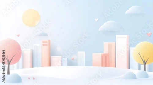 Wallpaper Mural Pastel City Dreamscape: A whimsical cityscape rendered in soft pastel hues, evoking a sense of tranquility and imaginative wonder. Featuring stylized trees and buildings. Torontodigital.ca