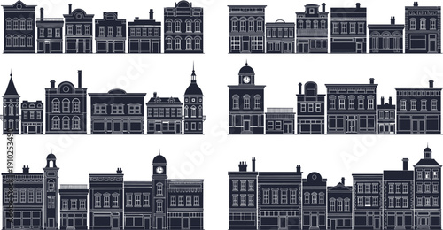Vintage Historical Town Street Building Silhouettes Set with Classic Architecture and Clock Towers for Heritage Projects, Urban Planning, and Old City Backgrounds